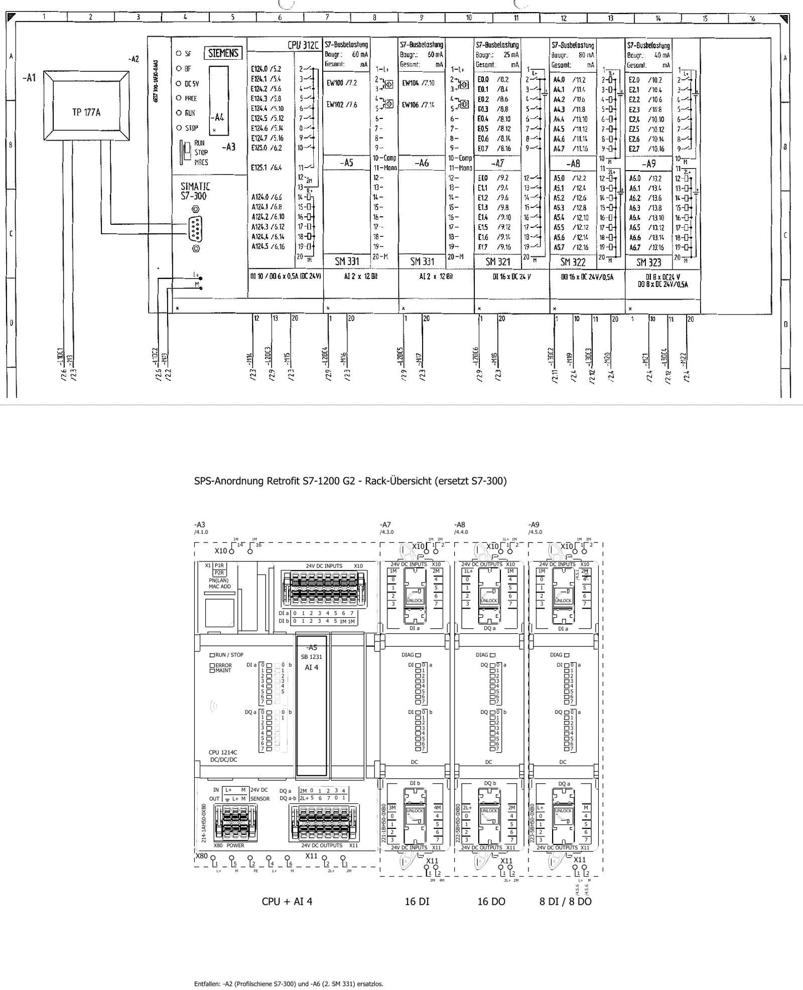 Vorher-Nachher-Vergleich im Stromlaufplan: alte S7-300-SPS-Anordnung (Scan) gegenüber der neu erstellten S7-1200-G2-Rack-Übersicht